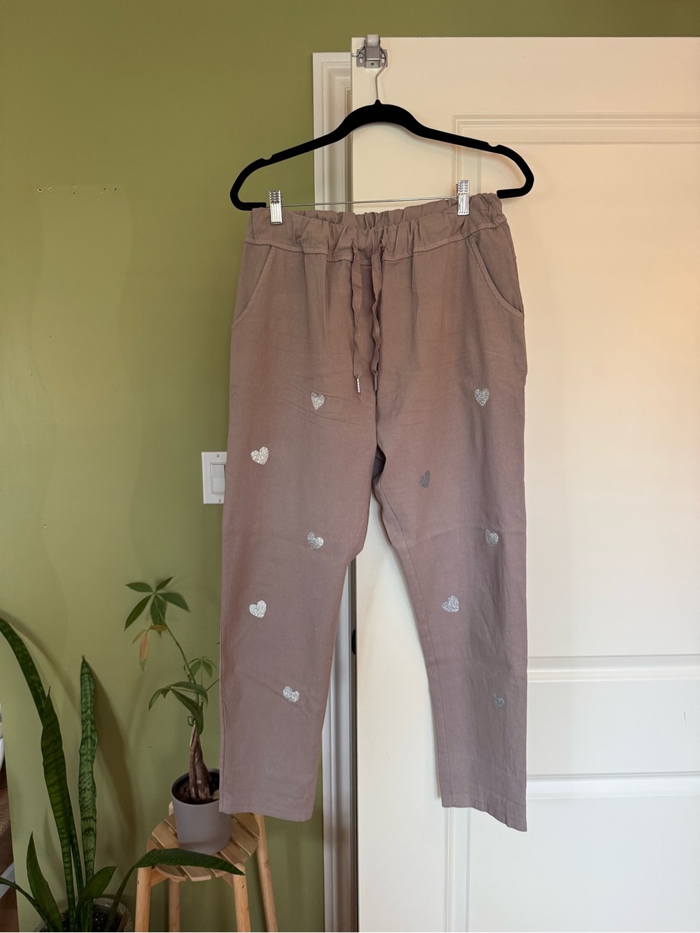 Made in Italy Metallic Heart Pull On Pants Taupe XL